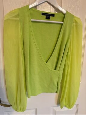 French Connection Neon Lime Sheer Puff Sleeve V-Neck Top